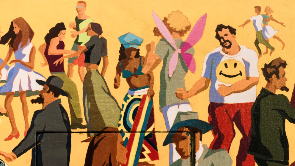 Illustration colorée de personnes dansant et échangeant.